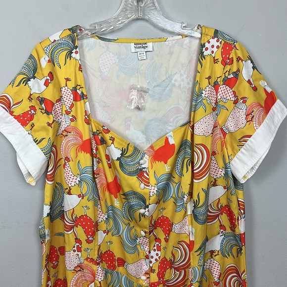 NWT Unique Vintage Mustard & Red Rooster Print Fit & Flare Dress Sz 2X/18 - Picture 8 of 16